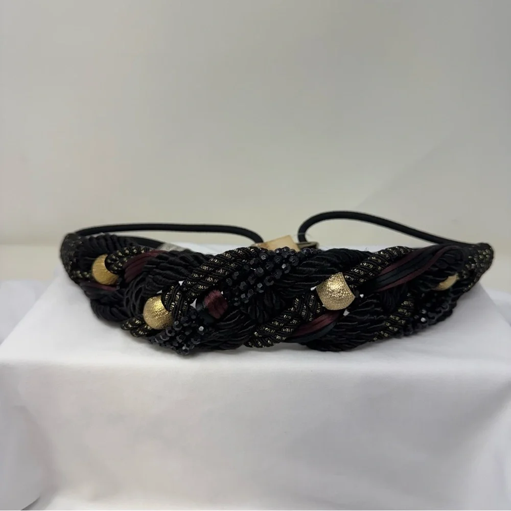 Vintage Braided Rope Belt Black Gold Beaded Statement Belt Boho